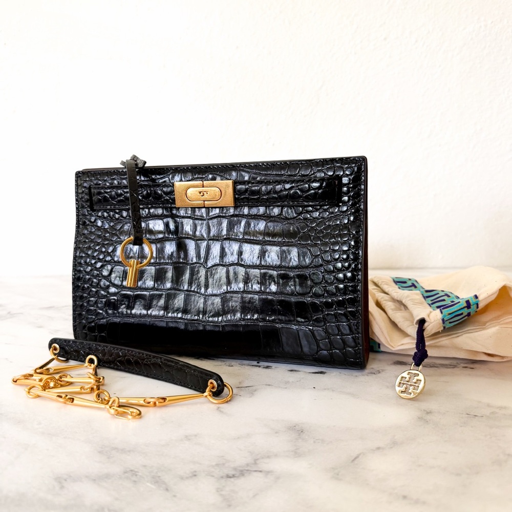 Tory Burch Lee Radziwill Black Croc-Embossed Leather Petite Bag - Picture 8 of 16